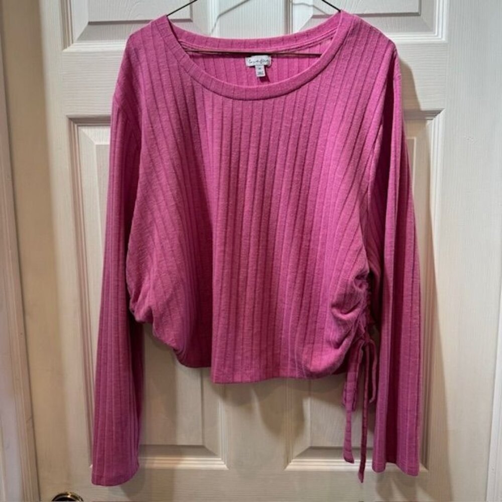 Love Fire Ribbed Pink Long-Sleeve Knit Top With Adjustable Side Drawstring Detai